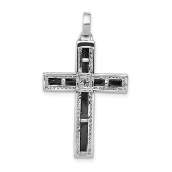 14k White Gold 1/3ct. Diamond and Onyx Cross Pendant - Picture 3 of 4